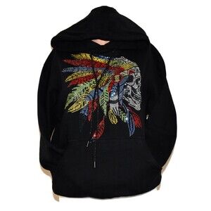 NWT  Skull Feather Hoodie Black Bling Rhinestone Drawstrings Sm. Unisex